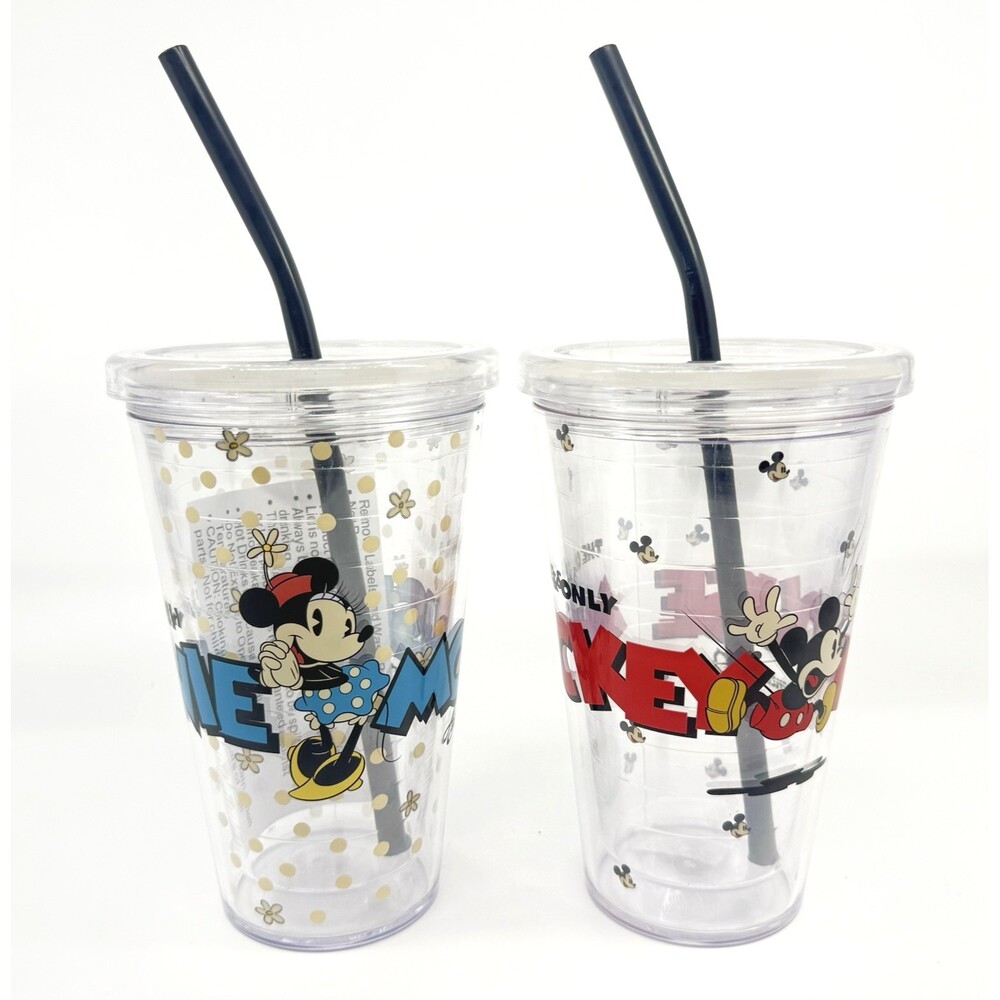 Disney Parks Mickey & Minnie Mouse 20 oz Plastic Cups W/Straws Lot of 2 NWT